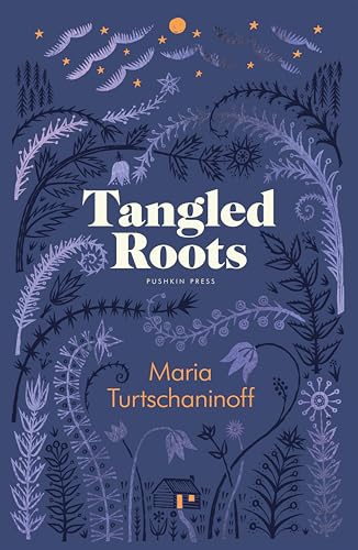 Book cover with floral designs, title “Tangled Roots”, and a small house.