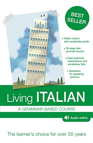 Living Italian" textbook cover with the Leaning Tower of Pisa illustration.