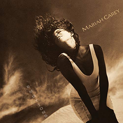 Mariah Carey with flowing hair on the sepia-toned Emotions album cover.