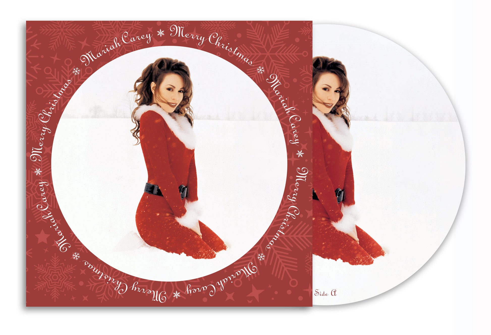 Mariah Carey “Merry Christmas” picture disc vinyl record, festive red design.