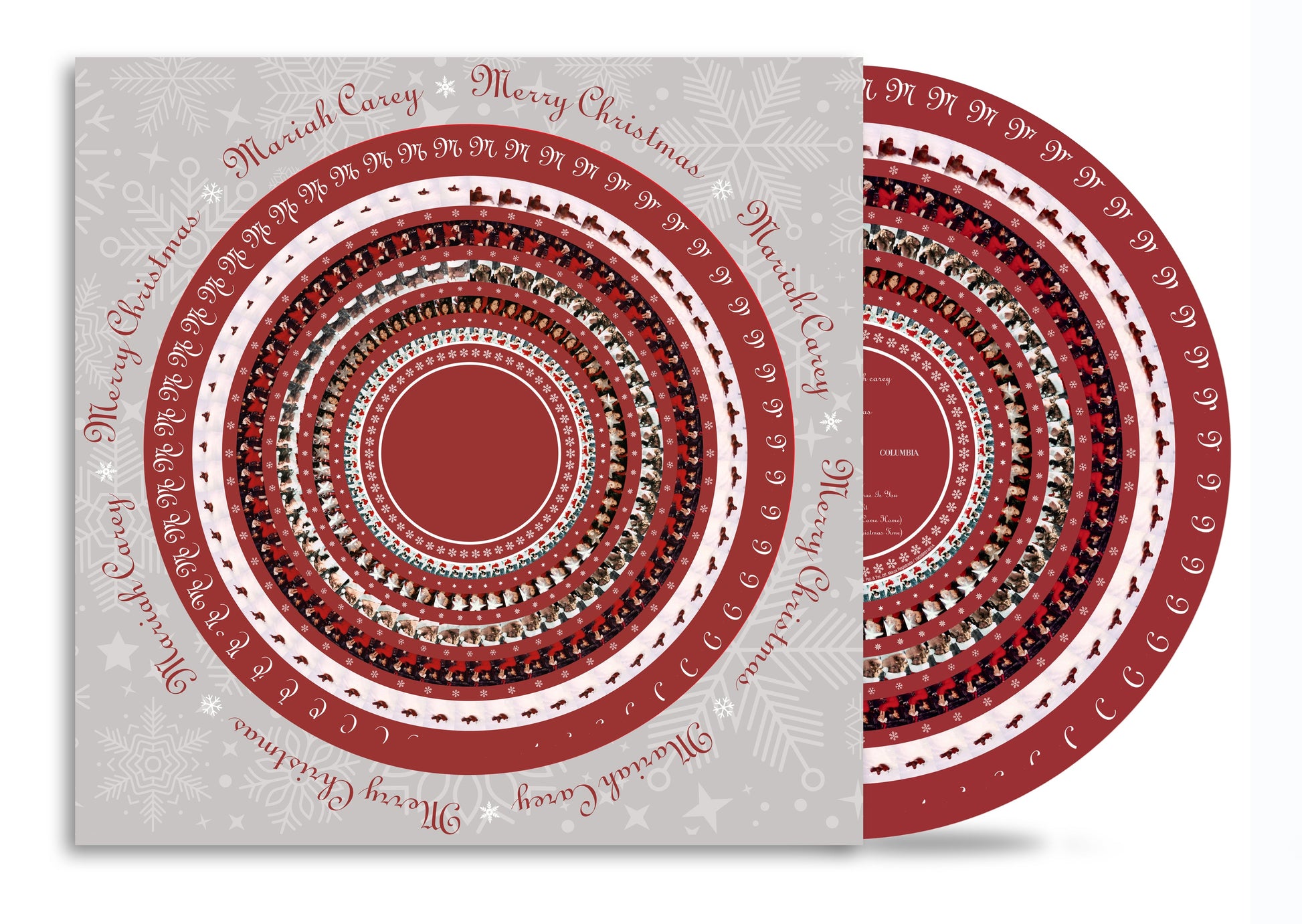 Mariah Carey Merry Christmas zoetrope vinyl record and sleeve with snowflake patterns.