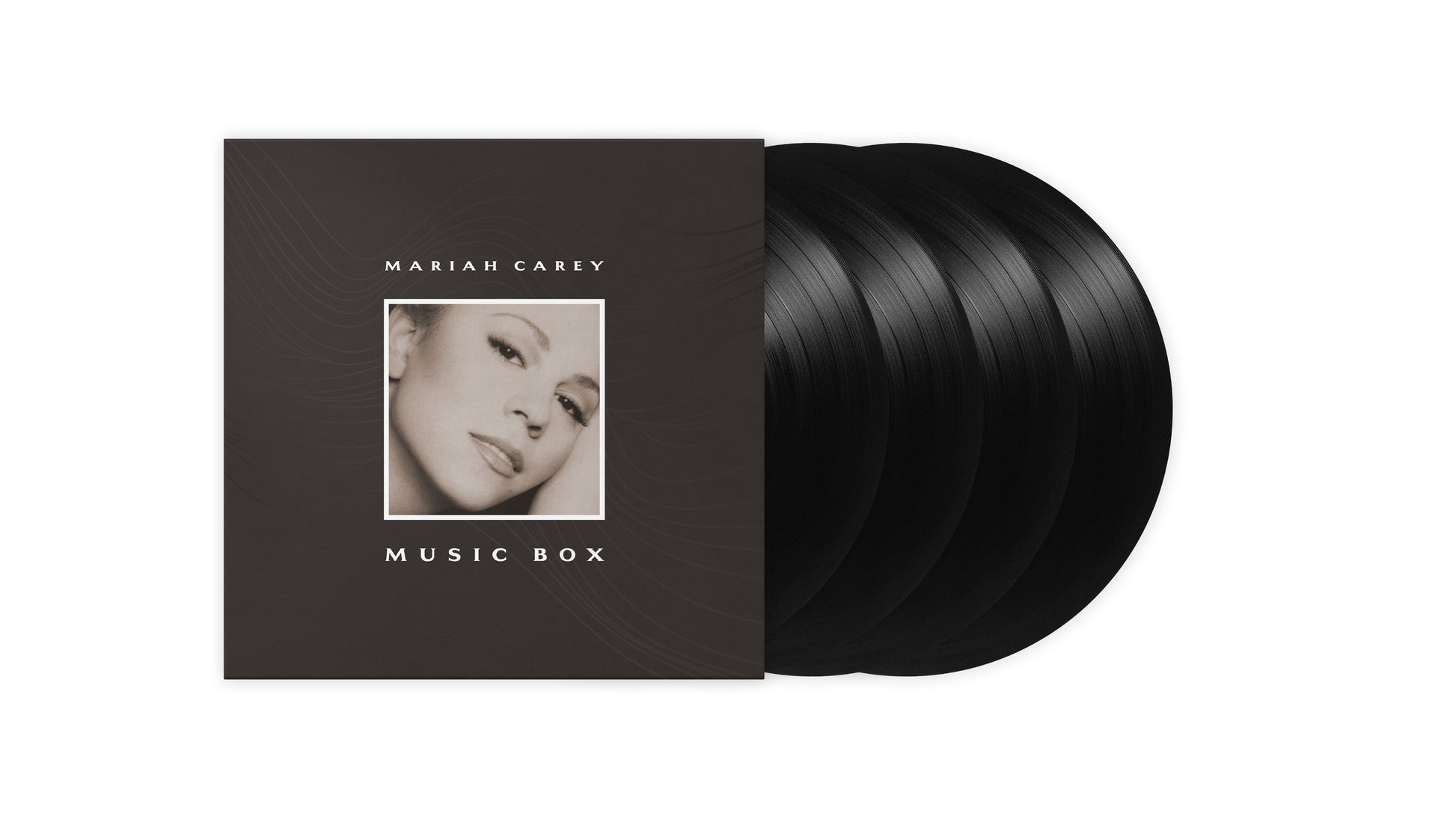 Mariah Carey Music Box album cover with three black vinyl records fanned out behind.