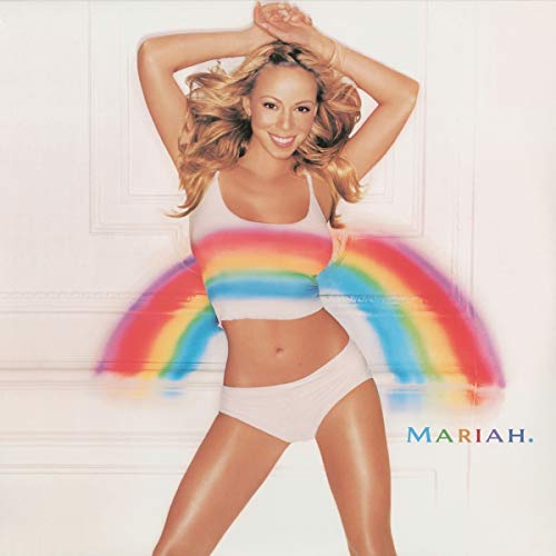 Mariah Carey album cover featuring a rainbow and the artist in swimwear.