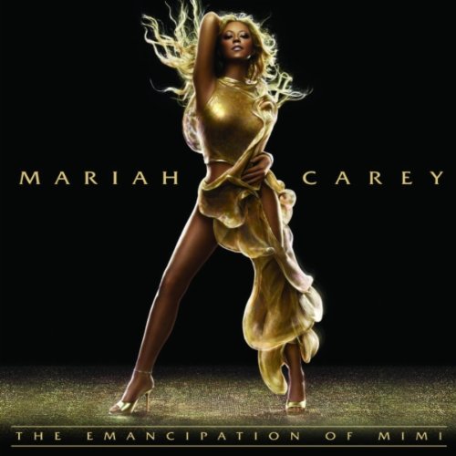 Mariah Carey album cover, gold dress, dark background, text reads "The Emancipation of Mimi".