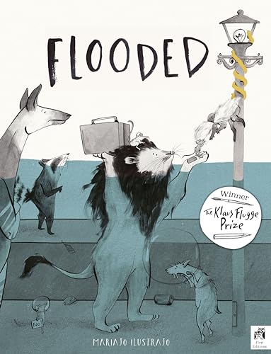 Book cover: animals with a briefcase stand in a flooded street.