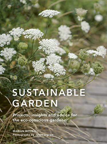 Book cover: "Sustainable Garden" with white flowering plants.