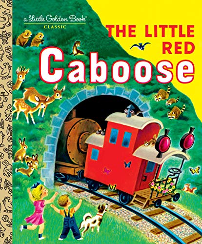 Red caboose emerging from a tunnel, children and animals watching.
