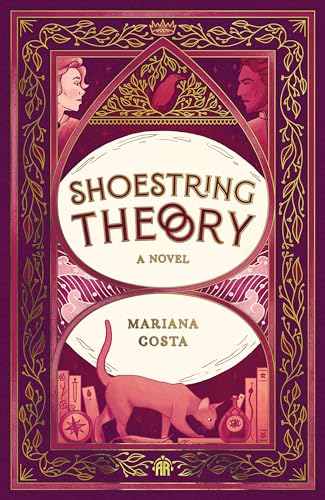 Book cover: "Shoestring Theory" with portraits, a cat, and ornate gold frame.