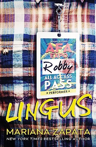 Book cover with title "Lingus" and an all-access pass hanging over plaid shirt.