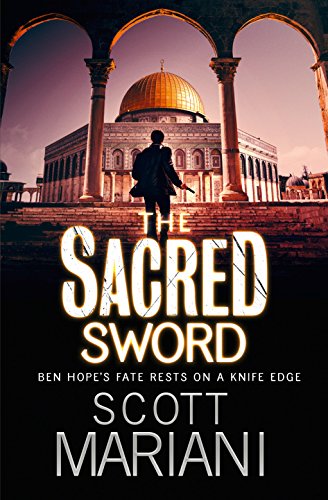 Book cover: man walking toward golden dome, large title “The Sacred Sword”.