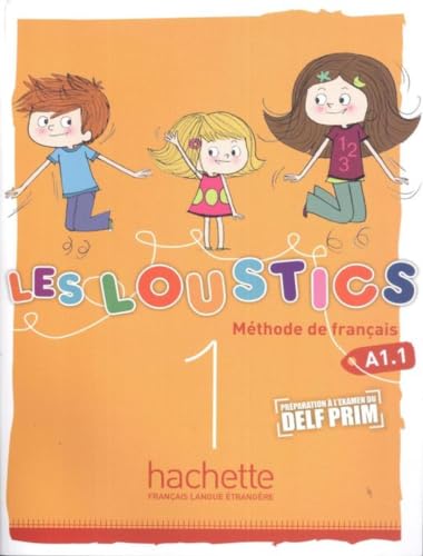 French textbook cover, "Les Loustics 1", with cartoon children and orange background.