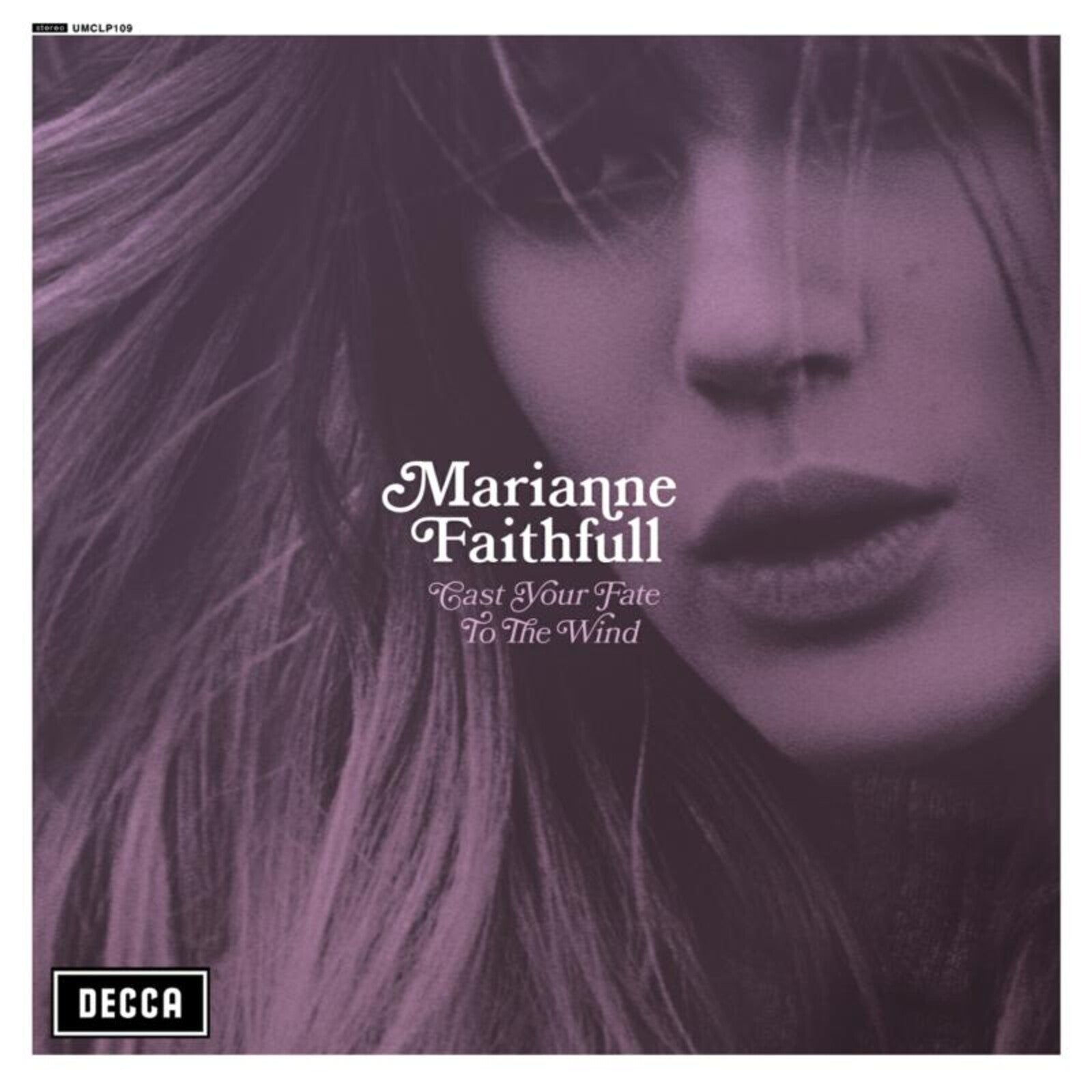 Marianne Faithfull album cover, close-up portrait with long hair, purple background.