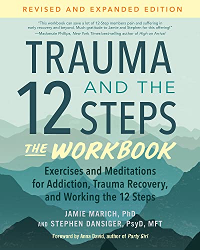 Book cover: “Trauma and the 12 Steps—The Workbook” with mountain backdrop.
