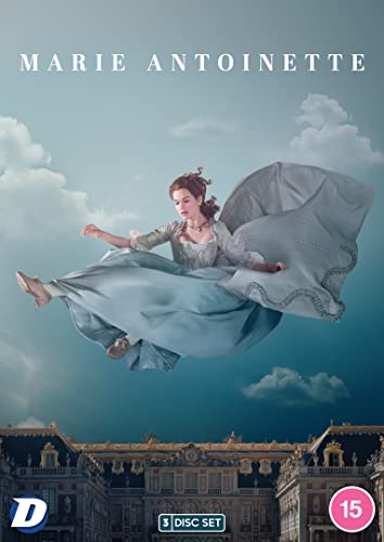 A woman in a blue gown floats above a palace against a cloudy sky.