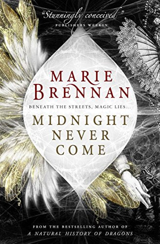 Book cover: "Midnight Never Come" with feathery wings and ornate design.