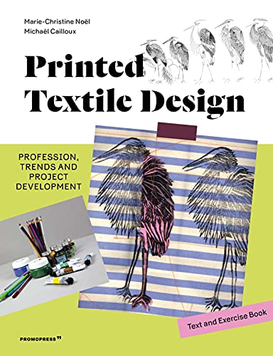 Book cover with heron textile print, paints, and design text.