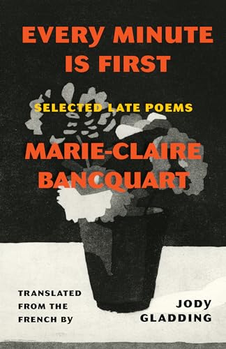 Book cover with black background, red text, and a grayscale floral image.