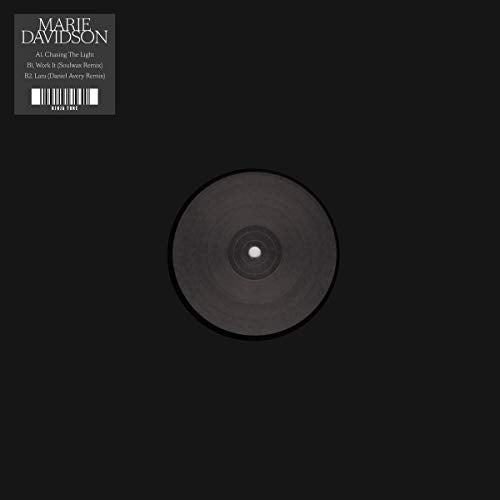 Black vinyl record centered on a black background with a tracklist label top left.