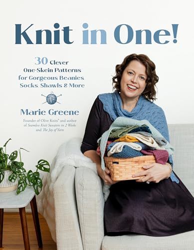Book cover featuring a woman with knitted items in a basket.