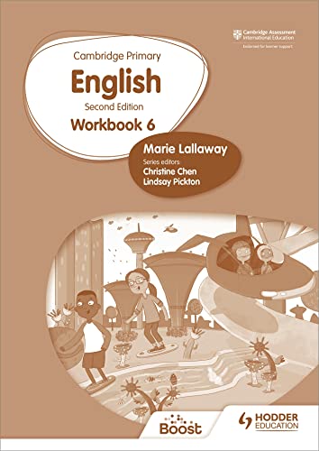 Cambridge Primary English Workbook 6 cover with illustrated children and cityscape.