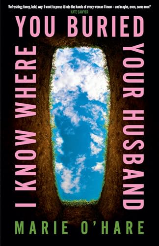 Book cover: dark background, open grave with blue sky, pink text.