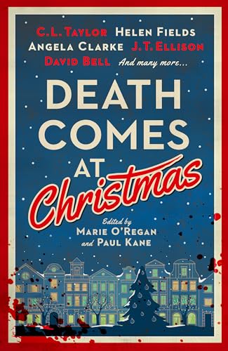Book cover: "Death Comes at Christmas" with snowy town illustration.