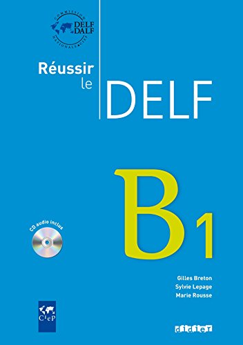 Blue textbook cover for “Reussir le DELF B1” with a CD icon.