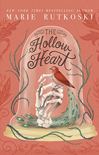 Book cover: skeletal hand, bird, and peacock feathers under glass.