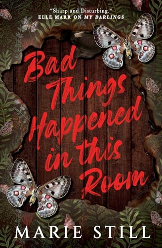 Book cover with red title, butterflies, and a distressed wooden background.