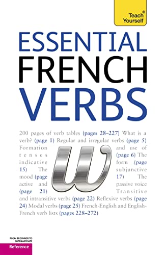 Book cover for Essential French Verbs with a large metallic W on white background.