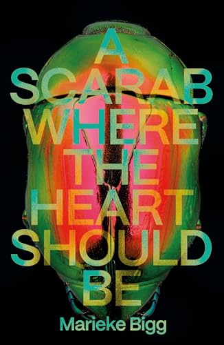 A vibrant, iridescent scarab beetle centered on a black background with overlaid book title text.