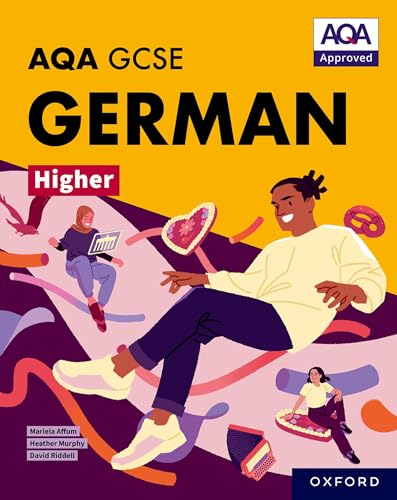 GCSE German textbook cover with illustrated people and colorful design.