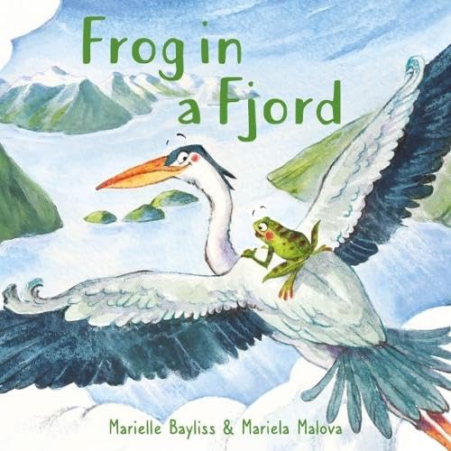 Watercolor illustration of a frog riding on a large bird’s back.