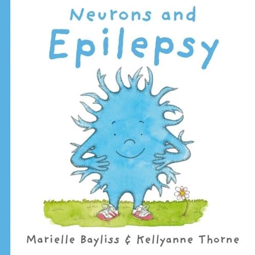 Book cover titled Neurons and Epilepsy featuring a blue cartoon neuron character on grass.