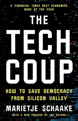 Book cover for The Tech Coup by Marietje Schaake with digital code background.