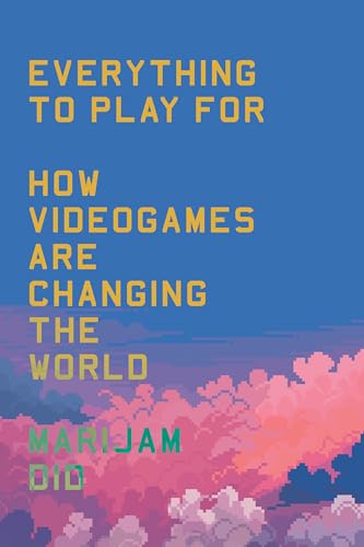 Book cover with yellow text on a blue background over pixelated pink clouds.