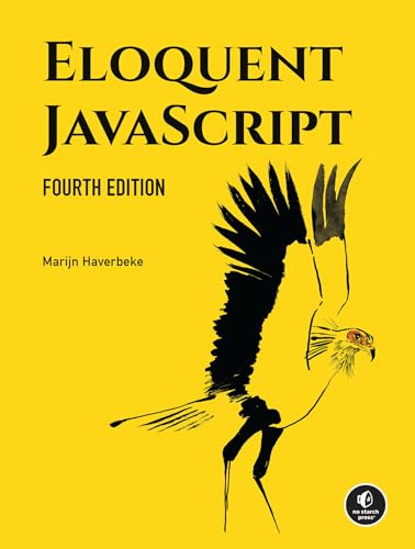 Yellow book cover with black bird illustration and "Eloquent JavaScript" title.