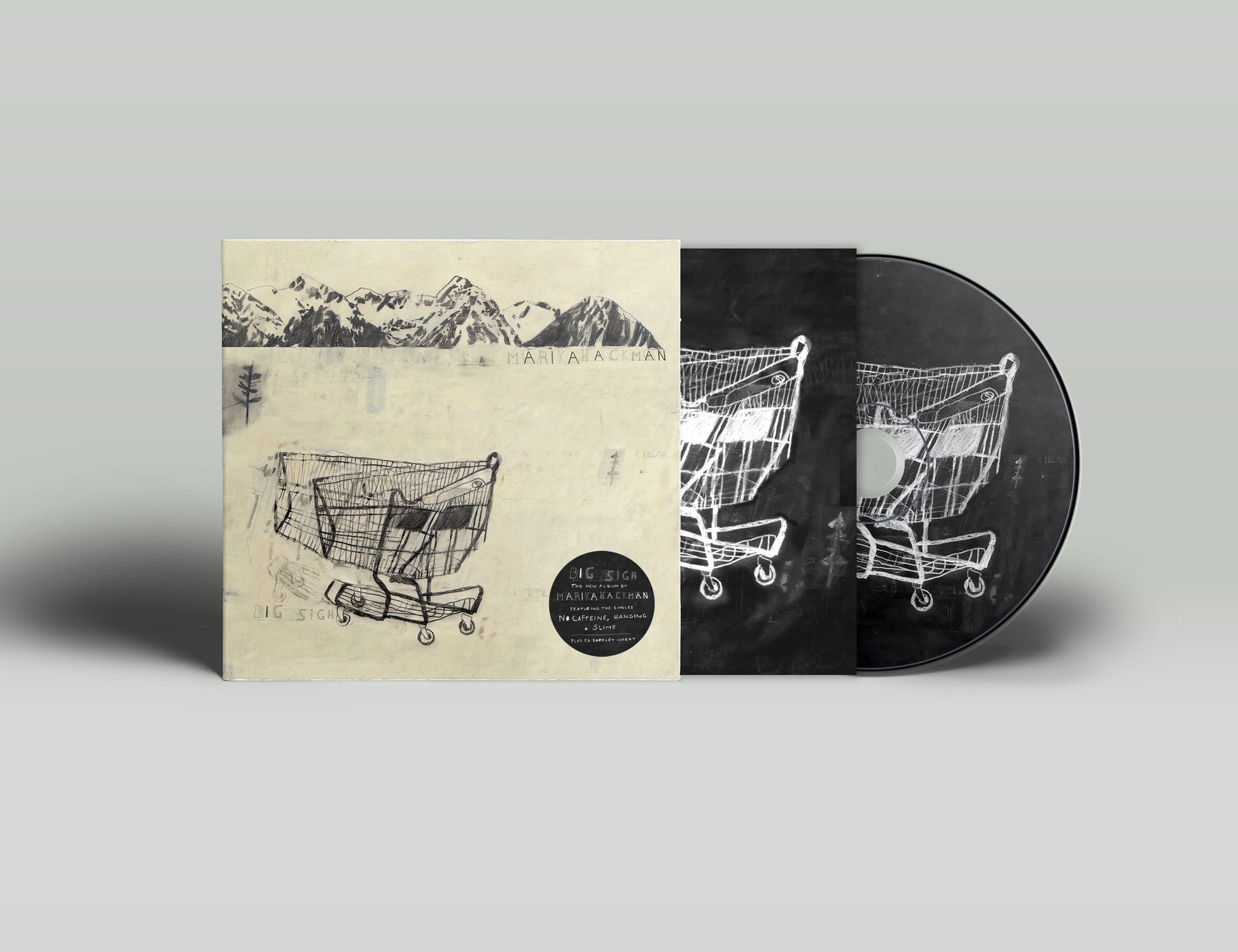 Marika Hackman's "Big Sigh" CD case with sketched shopping carts and mountains.