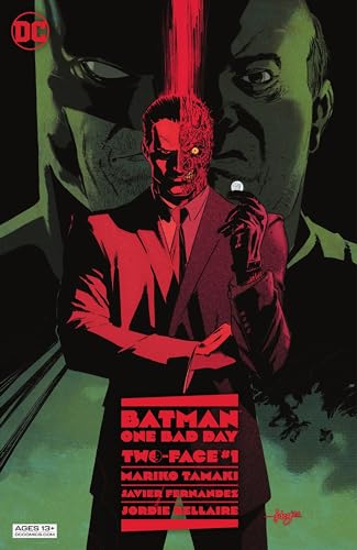 Two-Face in red suit, coin in hand, with Batman’s face in background.