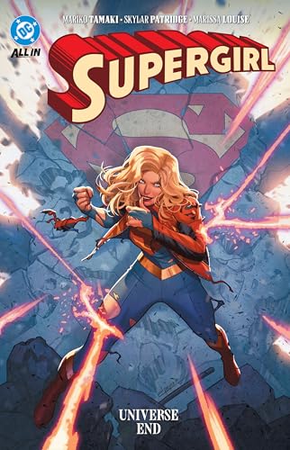 Supergirl in a combat pose against a crumbling background with red energy beams.