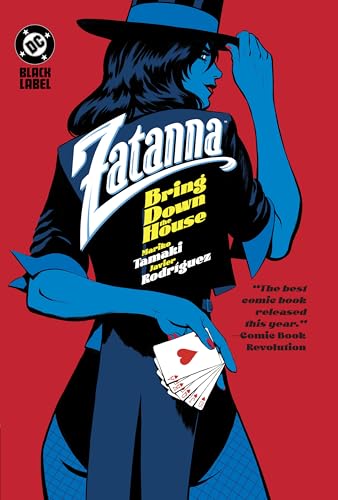 Zatanna in a blue suit and hat, holding playing cards.