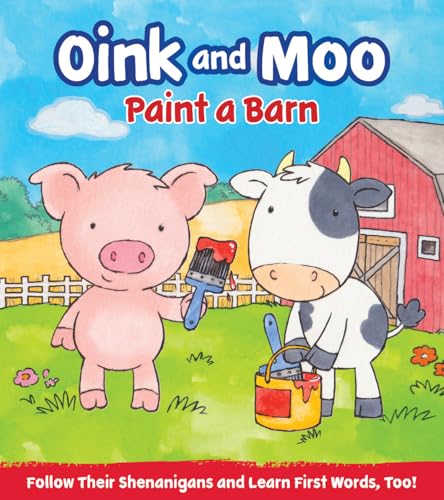 Pig and cow with paintbrushes in front of a red barn.