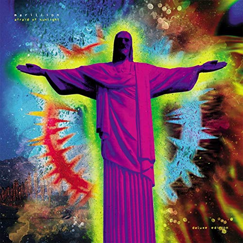 "Album cover featuring Christ the Redeemer statue with abstract, colorful background and splattered paint."