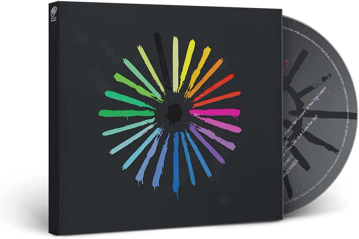 Black CD case with rainbow-colored sunburst design, CD partially visible behind.