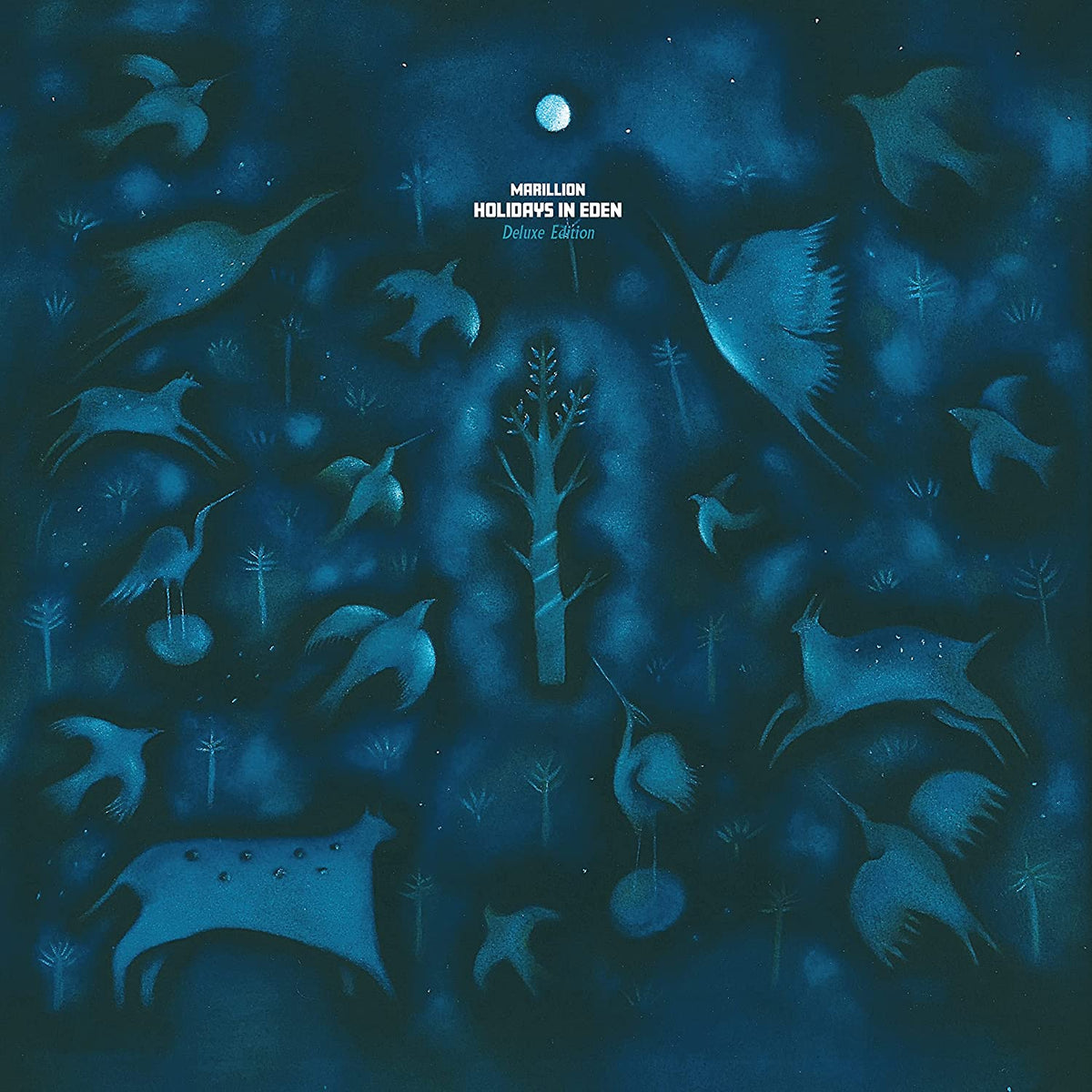 "Blue-toned album cover with silhouetted birds and plants, featuring 'Marillion' and 'Holidays in Eden'."