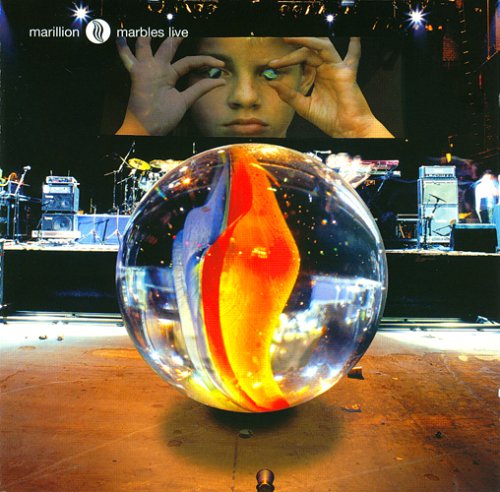 Marillion album cover: boy with marble, concert stage background.