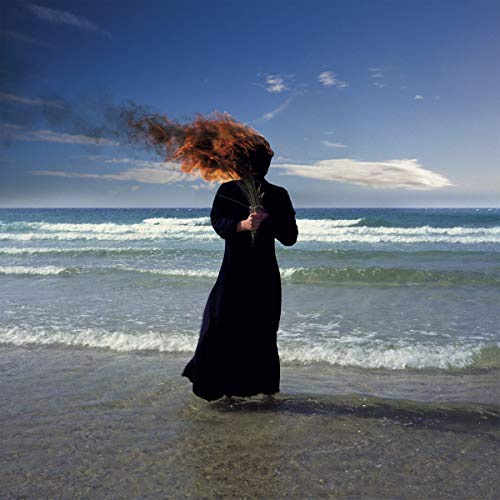 A person in a black dress stands in the ocean with flames for a head.