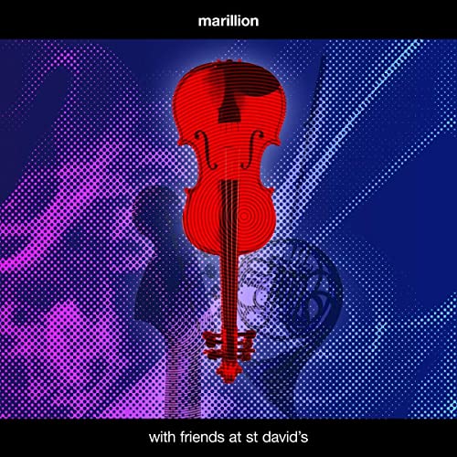 Marillion album cover: red violin over halftone portrait, blue background.