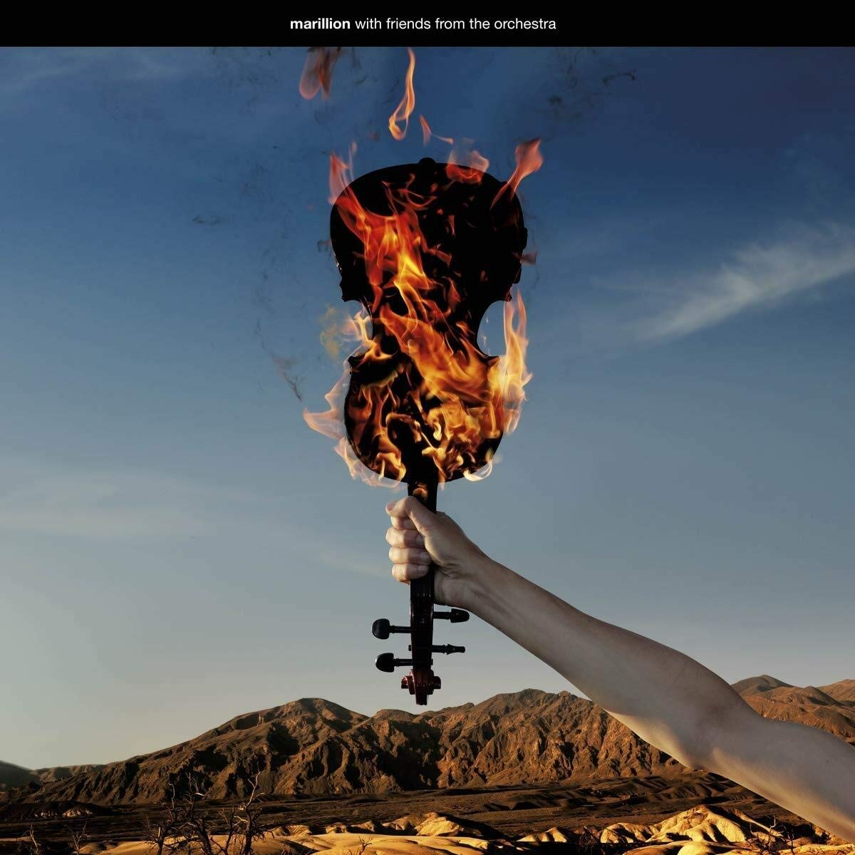 "CD cover with a burning violin against a mountainous landscape."