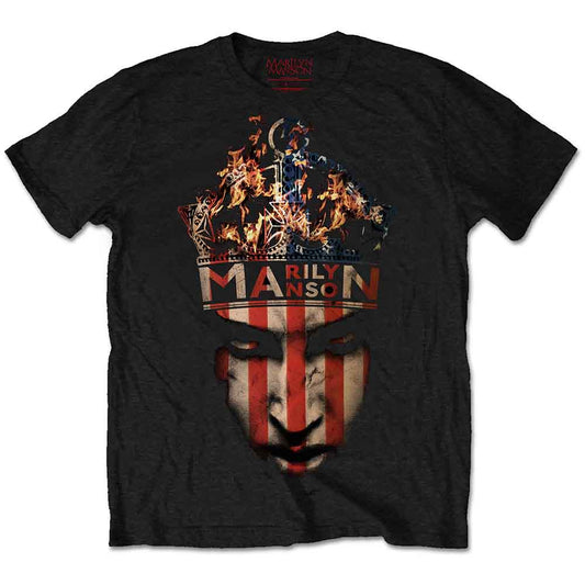 Black t-shirt featuring a flaming crown over a face with American flag stripes.